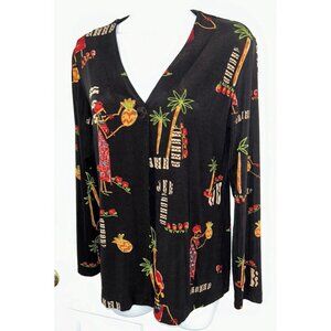 CHICOS TRAVELERS Sz 0 (SMALL) Black Island Woman Print Slinky Cardigan EUC